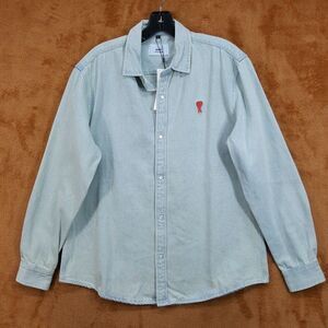 AMI PARIS Shirt Womens Large Blue Denim Button Down Heart Logo DE COUER